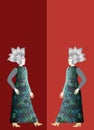 Abstract girls models in silver metallic paisley helmets and dresses with ornamental prints. Royalty Free Stock Photo