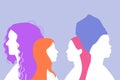Abstract girls profile silhouettes different hairdos and headwear. Women allyship banner template. Womens history month