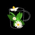 Abstract glass cup illustration with herbal chamomile tea on a black background Royalty Free Stock Photo