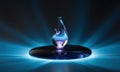 Abstract glass flame sculpture glowing with vibrant blue light on a dark reflective surface Royalty Free Stock Photo