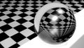 Abstract - Glass reflective sphere on checkered room - 3D renderign illustration