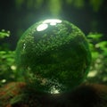 Abstract glass sphere in green color in magic style. Mystical glass ball