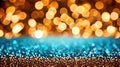Abstract glitter lights in blue, gold, and black create a mesmerizing backdrop. Perfect for banners Royalty Free Stock Photo