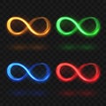 Abstract glittering infinity or eternal magic light loop vector symbols. Colorful brightness icons