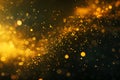 Abstract glittery banner with yellow shining particles on back background, sparkling light