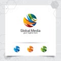 Colorful global logo vector design with arrow on sphere and digital symbol illustration for consulting, technology, and business Royalty Free Stock Photo