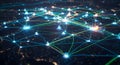 Abstract global network data connection system with glowing points across dark world map Royalty Free Stock Photo
