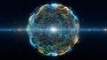 Abstract data globe composed of glowing colorful particles and connection lines representing global network and digital technology Royalty Free Stock Photo
