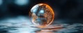 Abstract globe composed of currency symbols, tax codes. Illuminated global sphere rests on background of US dollar bills. Global