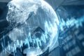 Abstract globe with forex chart on blurry city background. Finance statistics and data Analytics. Stock exchange market,