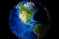 Abstract globe of planet Earth disintegrating into pixels. Pixel extrusion and flying out effect. 3D illustration