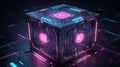 abstract glow energy box. Smart code. Big data. Digital chip. 3D cubes. CPU core. Abstract technology. Futuristic hi tech .
