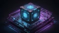 abstract glow energy box. Smart code. Big data. Digital chip. 3D cubes. CPU core. Abstract technology. Futuristic hi tech.