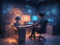 Abstract glow Generative ai illustration of Technology theme drawing and work space with computer. Multi exposure. Concept of