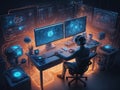Abstract glow Generative ai illustration of Technology theme and work space with computer. Multi exposure. Concept of innovation
