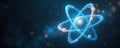 Abstract glowing atom model with orbiting electrons. Blue light particles form structure. Central nucleus shines bright. Royalty Free Stock Photo