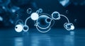 Abstract glowing atomic structure with orbiting electrons in deep blue Royalty Free Stock Photo