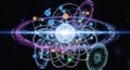 Abstract glowing atomic structure with orbiting spheres and digital rings science technology Royalty Free Stock Photo