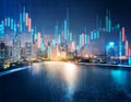 Abstract glowing big data forex candlestick chart on blurry city background Royalty Free Stock Photo