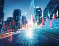 Abstract glowing big data forex candlestick chart on blurry city background Royalty Free Stock Photo