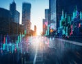 Abstract glowing big data forex candlestick chart on blurry city background Royalty Free Stock Photo