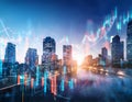 Abstract glowing big data forex candlestick chart on blurry city background Royalty Free Stock Photo
