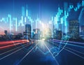Abstract glowing big data forex candlestick chart on blurry city background Royalty Free Stock Photo