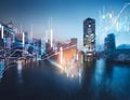 Abstract glowing big data forex candlestick chart on blurry city background Royalty Free Stock Photo