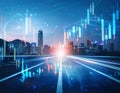 Abstract glowing big data forex candlestick chart on blurry city background Royalty Free Stock Photo