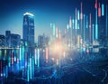 Abstract glowing big data forex candlestick chart on blurry city background Royalty Free Stock Photo
