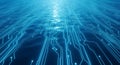 Abstract glowing blue circuit board pattern overlaying rippling water surface with light Royalty Free Stock Photo