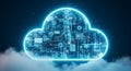 Abstract glowing blue cloud computing concept with circuit board elements and data streams Royalty Free Stock Photo