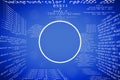 Abstract glowing blue coding programming background with blank round mock up frame. Big data and code concept.