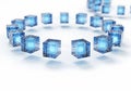 Abstract glowing blue cubes arranged in a circular network formation with digital circuitry patterns Royalty Free Stock Photo