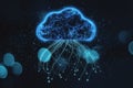 Abstract glowing digital cloud with binary code on dark blurry bokeh background. Computing and coding concept. 3D Rendering Royalty Free Stock Photo