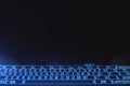 Abstract glowing blue digital keyboard on dark background with mock up place. Technology, communication and ai concept. 3D