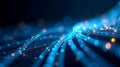 Abstract glowing blue fiber optic cables transmitting data with bright bokeh lights in a dark digital network Royalty Free Stock Photo