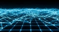 Abstract glowing blue grid network with interconnected nodes and lines receding into the distance on a dark Royalty Free Stock Photo