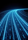 Abstract glowing blue light trails on a dark background representing speed and data Royalty Free Stock Photo