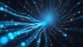 Abstract glowing blue lines form tunnel of data streams. Digital information flows through network of light. Futuristic Royalty Free Stock Photo