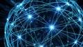 Abstract glowing blue network sphere with interconnected lines and bright nodes on dark background Keywords: network Royalty Free Stock Photo