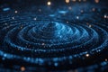 Abstract glowing blue particle spiral on dark background, representing data flow and technology. Royalty Free Stock Photo