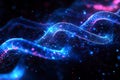 Abstract glowing blue and pink particle chain, resembling DNA or data, flowing through dark space. Royalty Free Stock Photo