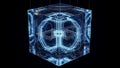 Abstract glowing blue quantum computing cube structure hangs suspended against a deep black background showcasing complex digital Royalty Free Stock Photo