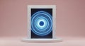 Abstract Blue Swirling Light Portal on a Pedestal Against a Pink Background gateway vortex Royalty Free Stock Photo