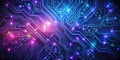Abstract glowing circuit board design with illuminated pathways representing complex network connections and data flow. Generative Royalty Free Stock Photo