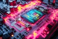 Abstract glowing circuit board with futuristic digital processor and neon lighting Royalty Free Stock Photo
