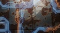 Abstract glowing circuit board lines on a weathered, rusty metal panel background Royalty Free Stock Photo