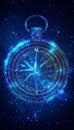 Abstract Glowing Compass Navigating a Network of Digital Data, Lines, and Points on Blue