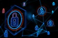 Abstract glowing connected digital padlock hologram on dark background, Computer safety and secure concept.